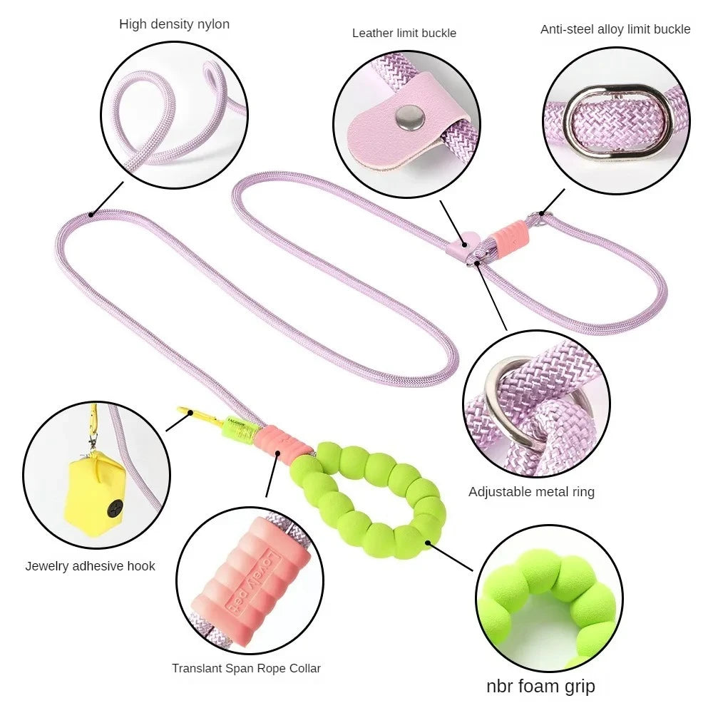 220cm Pet Dog Training Round Rope Light Weight Nylon P Chain Collar Adjustable for Small Medium Dogs Walking Leash Pet Supplies